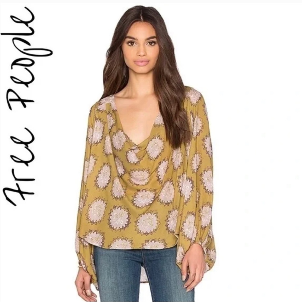 Free People Olive Green Lilac Flowy Boho Blouse